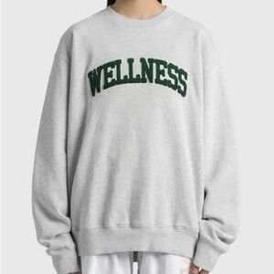 Sporty & Rich Gray Crewneck Sweatshirt with Green Boucle "WELLNESS" Graphic, L